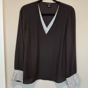 Halogen Black Long-Sleeve V-Neck Top with Silver Trim